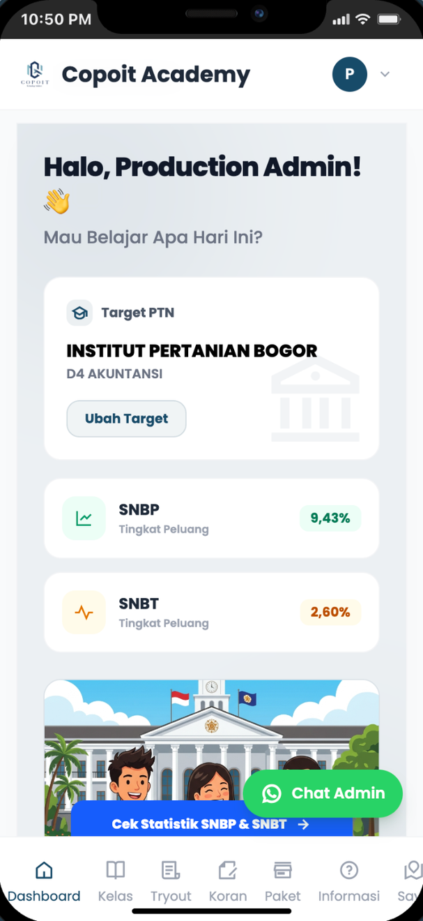 Mockup HP aplikasi dari proposal BimbelHub, menampilkan dashboard siswa dan target PTN